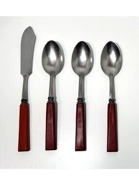 Vintage Red Handled Bakelite Cake or Pie Server and 3 Spoons